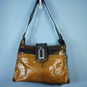 MADI CLAIRE Boho Retro Shoulder Bag Croc Embossed Faux Vegan Leather Brown Gold